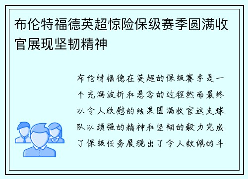 布伦特福德英超惊险保级赛季圆满收官展现坚韧精神